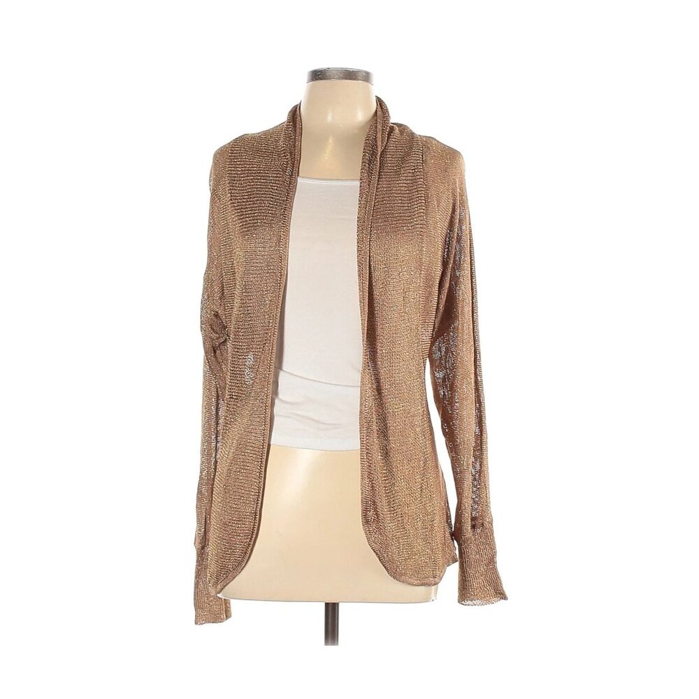 Metallic Gold Sheer Knit Open Front Cardigan By Fontana M